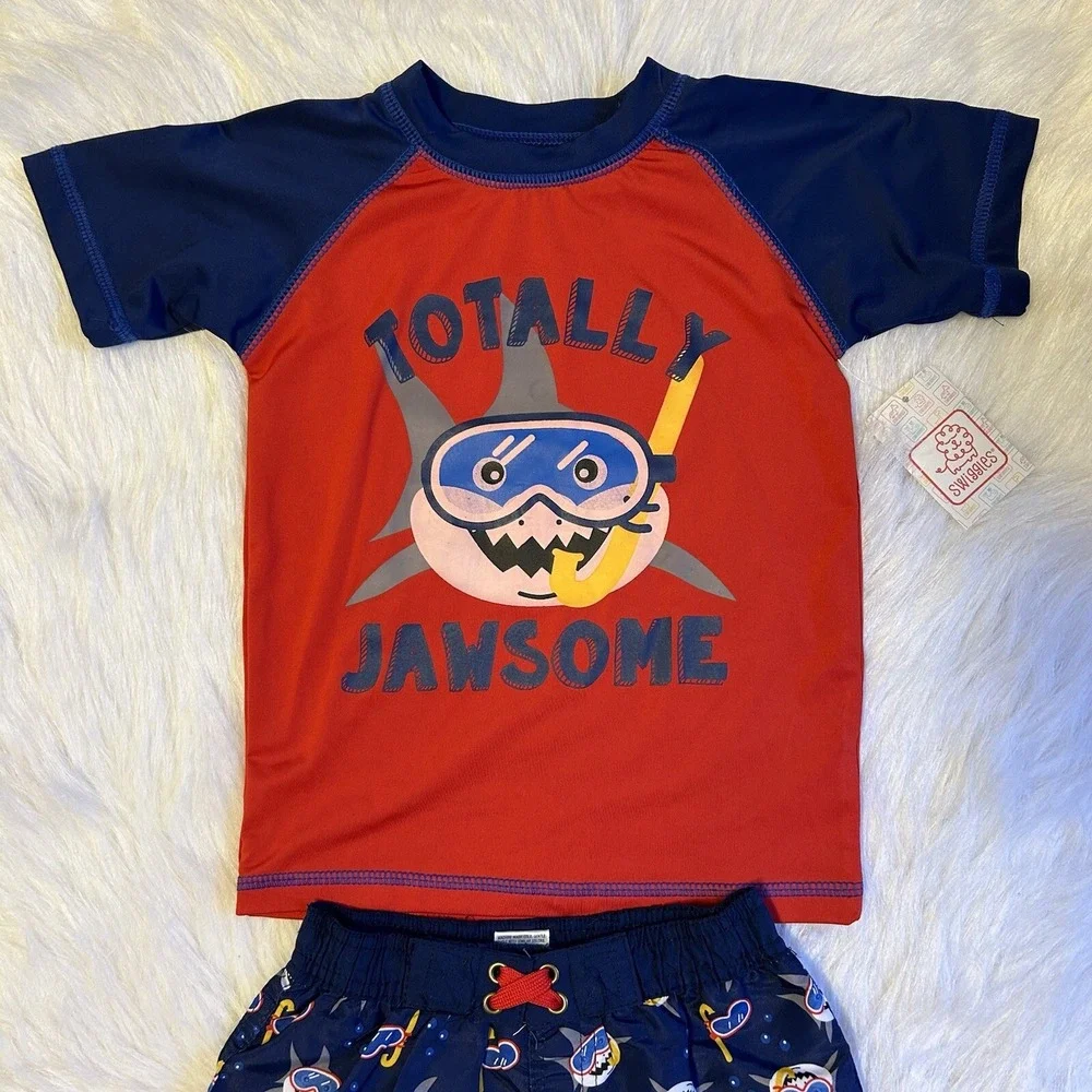 Swiggles Swimsuit Toddler Boys Size 2T Red Blue‎ Shark Two Piece Set Rashguard